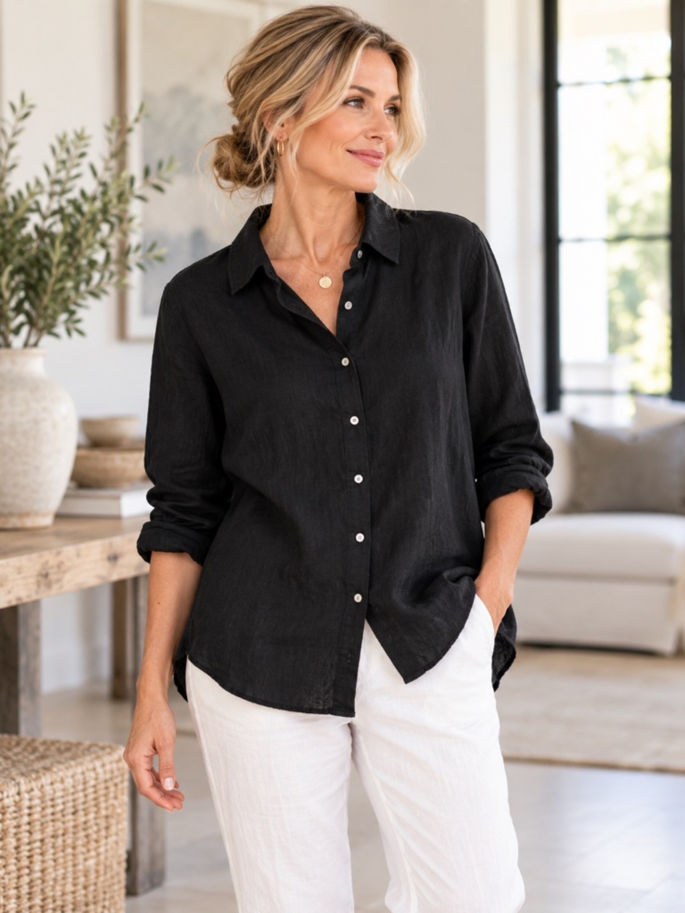 Quince 100% European Linen Black Button Up Shirt Blouse Size L